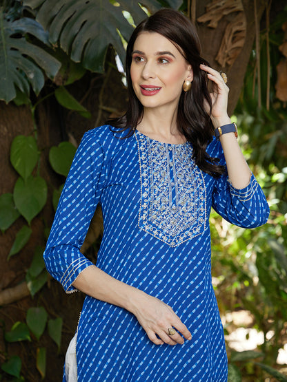 Leheriya Printed & Sequin Embroidered Straight Fit Kurta – Dark Blue