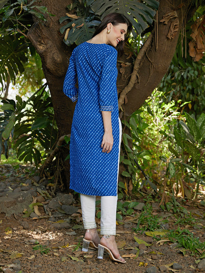 Leheriya Printed & Sequin Embroidered Straight Fit Kurta – Dark Blue