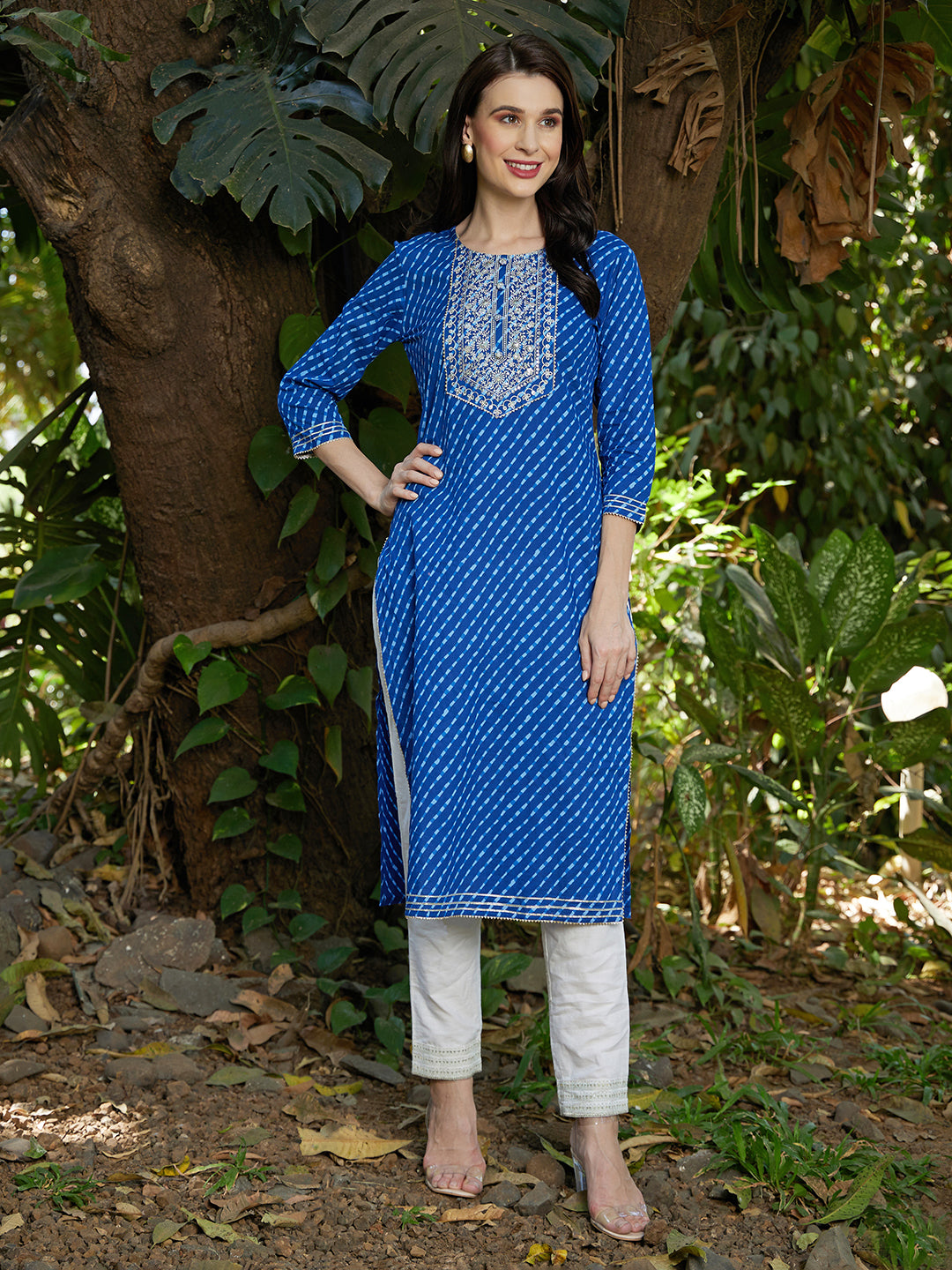 Leheriya Printed & Sequin Embroidered Straight Fit Kurta – Dark Blue