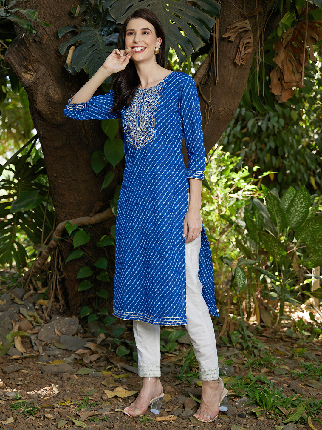 Leheriya Printed & Sequin Embroidered Straight Fit Kurta – Dark Blue