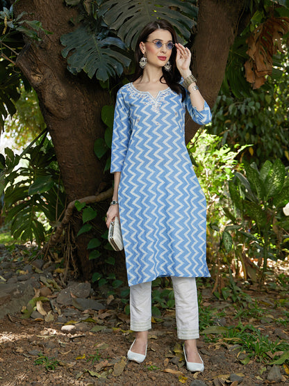 Ethnic Printed & Embroidered Straight Fit Kurta - Light Blue