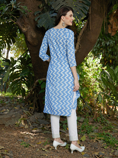 Ethnic Printed & Embroidered Straight Fit Kurta - Light Blue