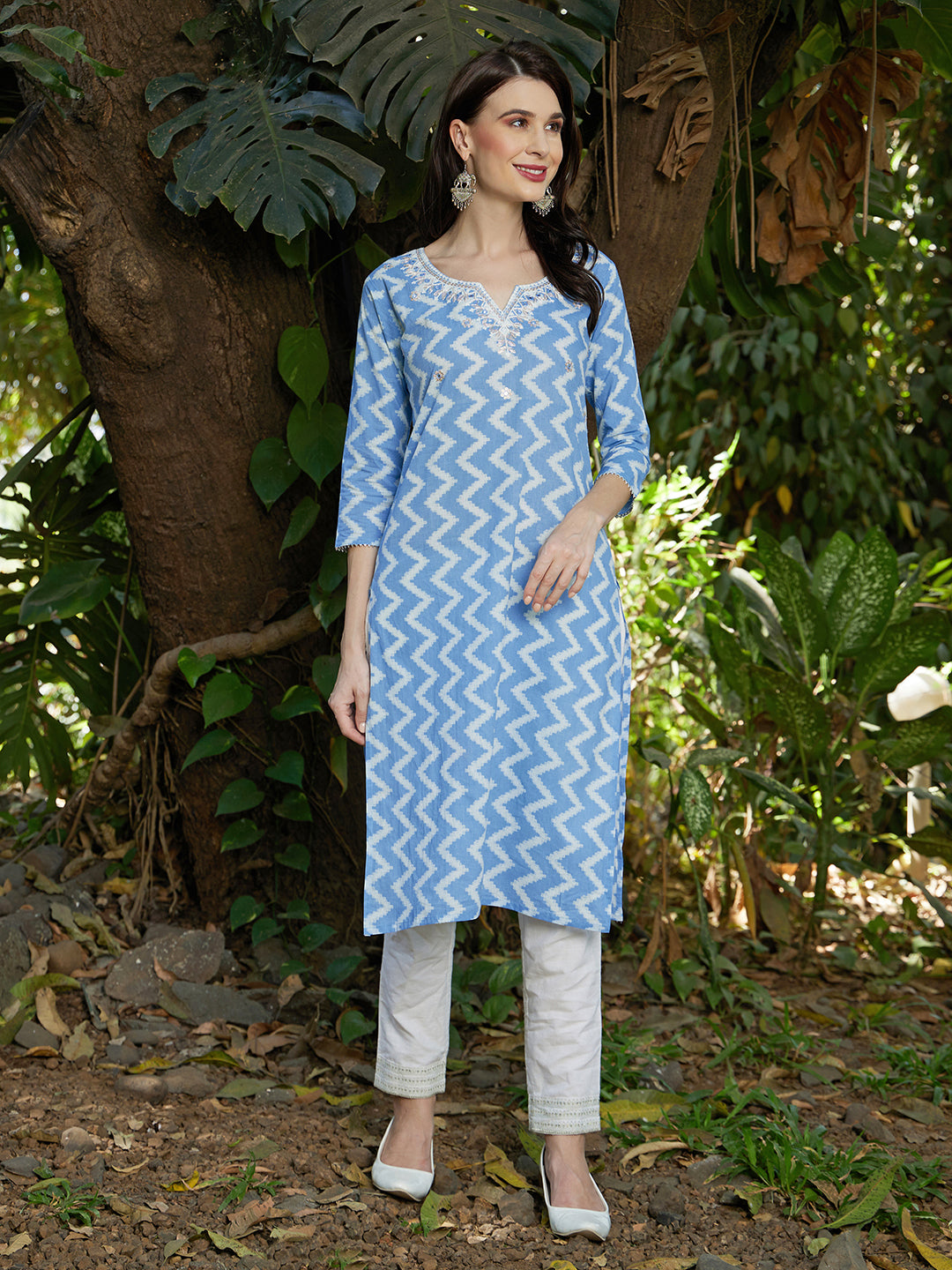 Ethnic Printed & Embroidered Straight Fit Kurta - Light Blue