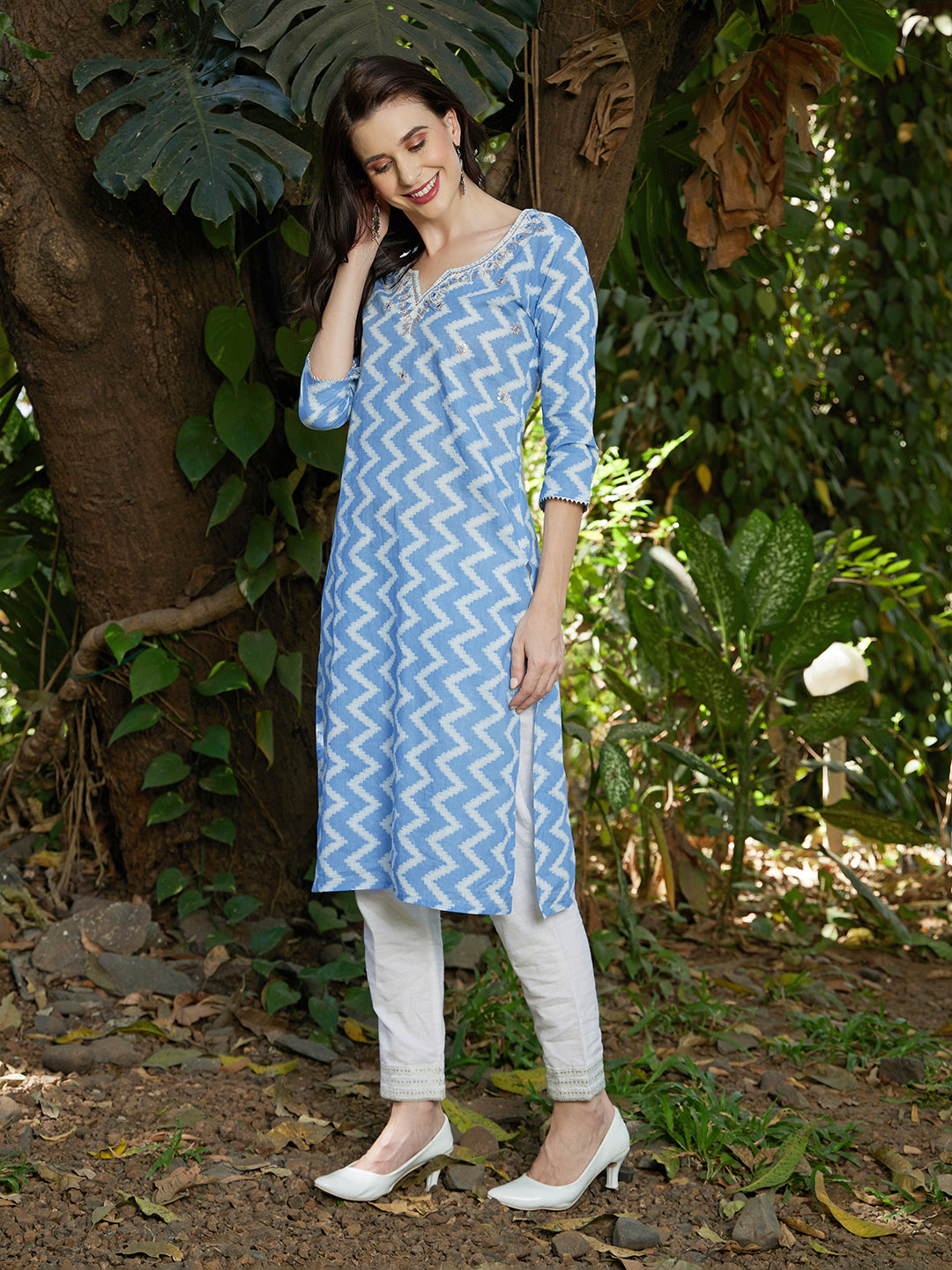 Ethnic Printed & Embroidered Straight Fit Kurta - Light Blue