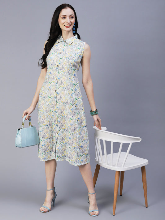 Abstract Printed Paneled A-line Midi Dress With Matching Belt - Multi