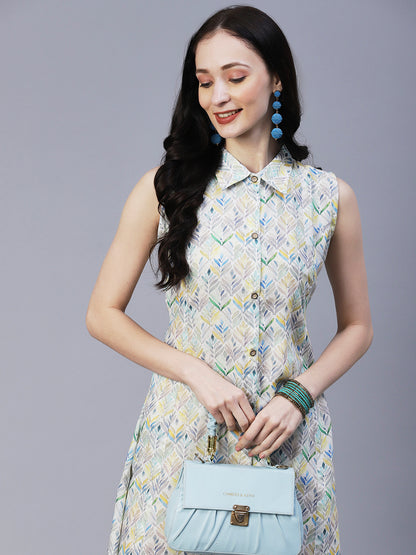 Abstract Printed Paneled A-line Midi Dress With Matching Belt - Multi