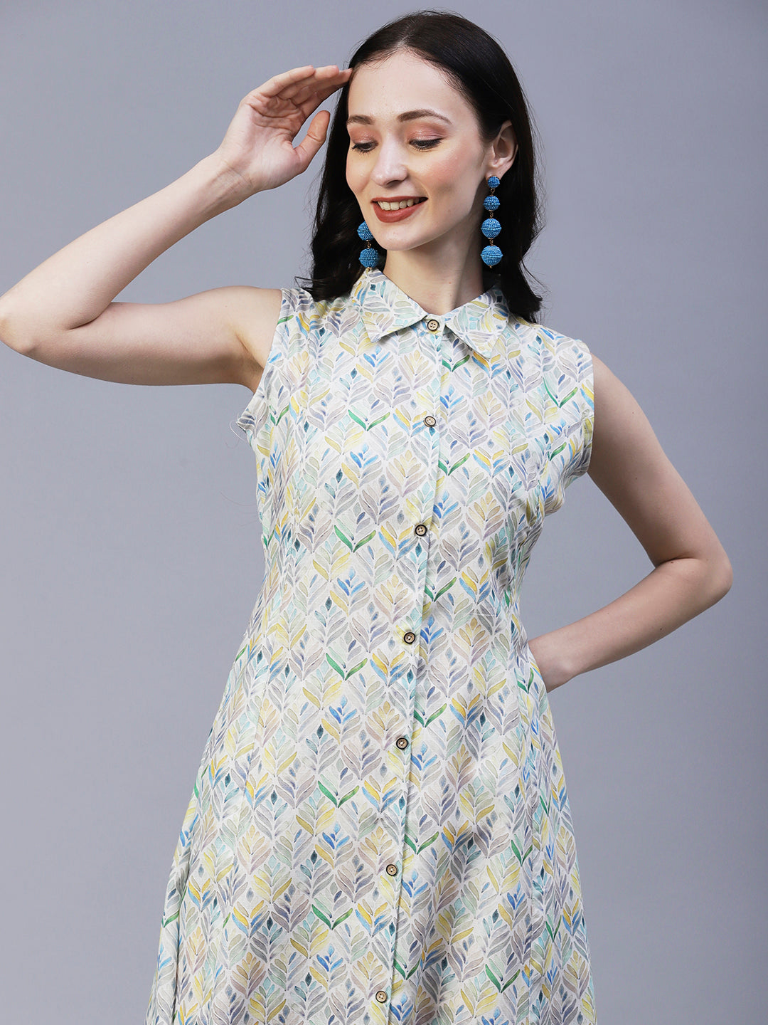 Abstract Printed Paneled A-line Midi Dress With Matching Belt - Multi