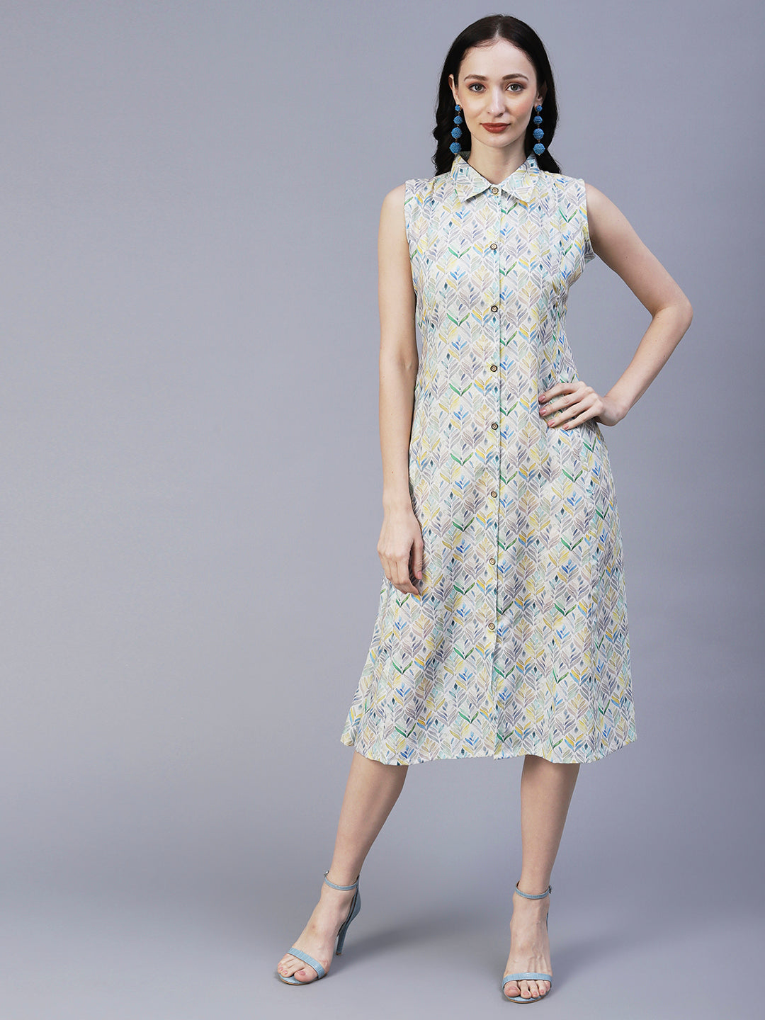 Abstract Printed Paneled A-line Midi Dress With Matching Belt - Multi