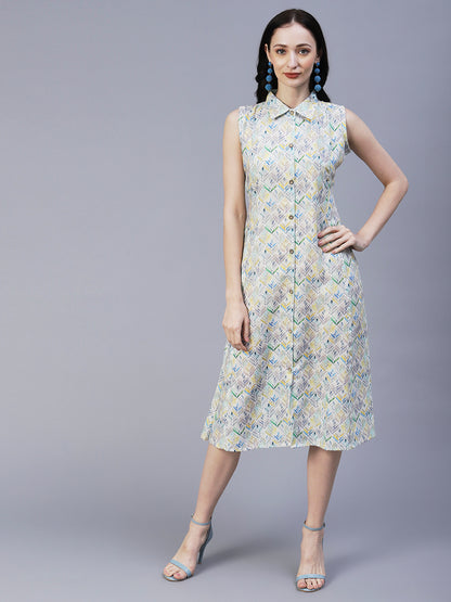 Abstract Printed Paneled A-line Midi Dress With Matching Belt - Multi