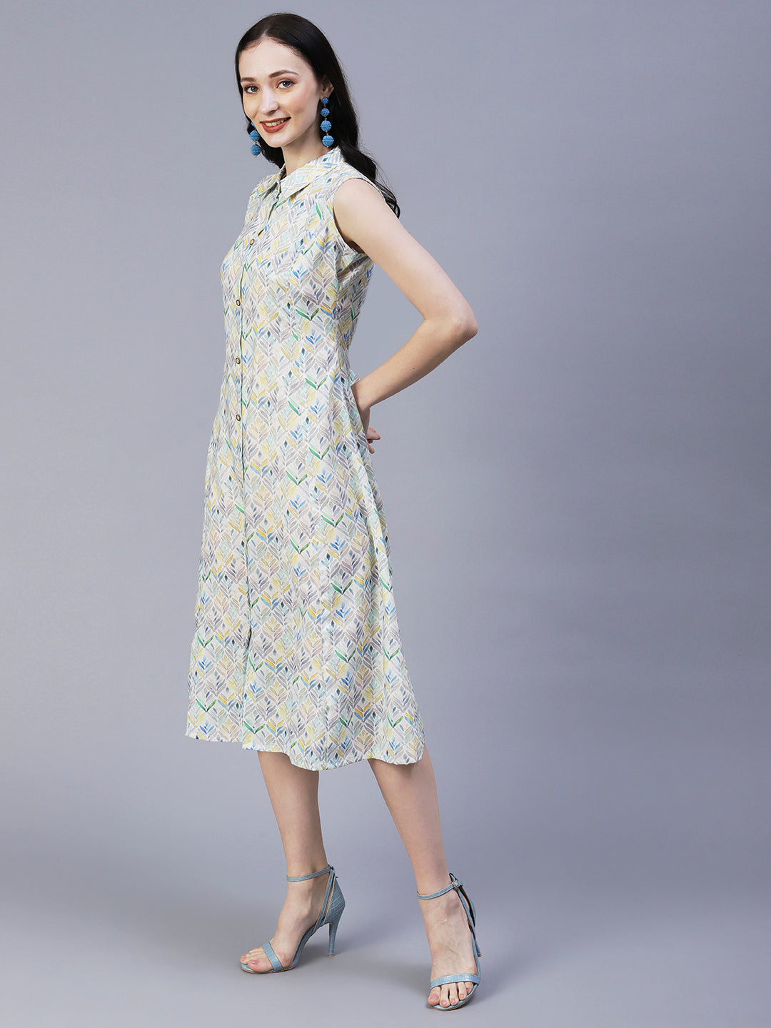 Abstract Printed Paneled A-line Midi Dress With Matching Belt - Multi