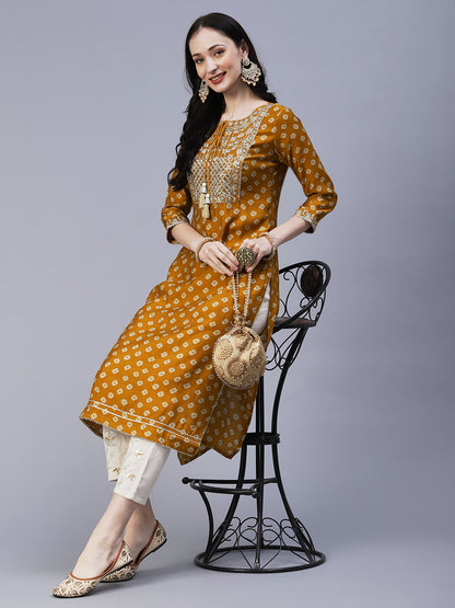 Bandhani Printed & Embroidered Straight Fit Kurta - Mustard
