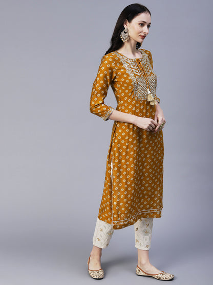 Bandhani Printed & Embroidered Straight Fit Kurta - Mustard