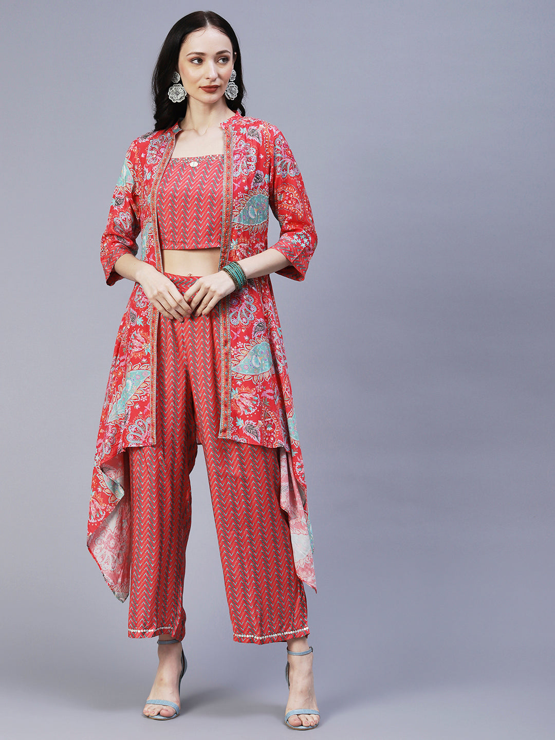 Chevron Printed Resham Embroidered Crop Top With Palazzo & Floral Angular Cut Jacket - Coral