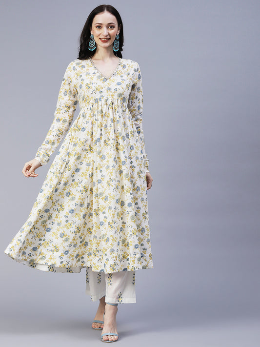 Floral Printed A-Line Flared Kurta with Palazzo - Off White