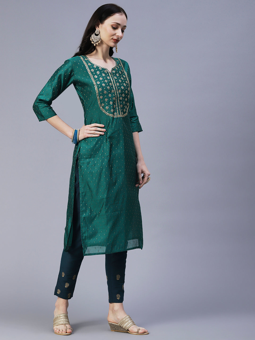 Party Wear Bottle Green Cotton Silk Cross Over Kurta with Zari Embroid –  Sujatra