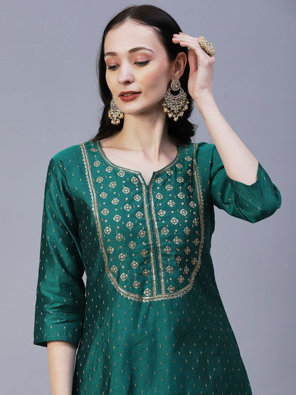 Solid Zari Jacquard Sequins & Zari Embroidered Kurta With Zari Jacquard Dupatta - Green