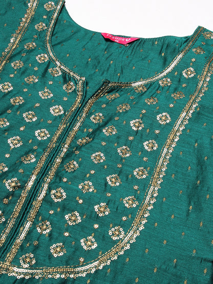 Solid Zari Jacquard Sequins & Zari Embroidered Kurta With Zari Jacquard Dupatta - Green