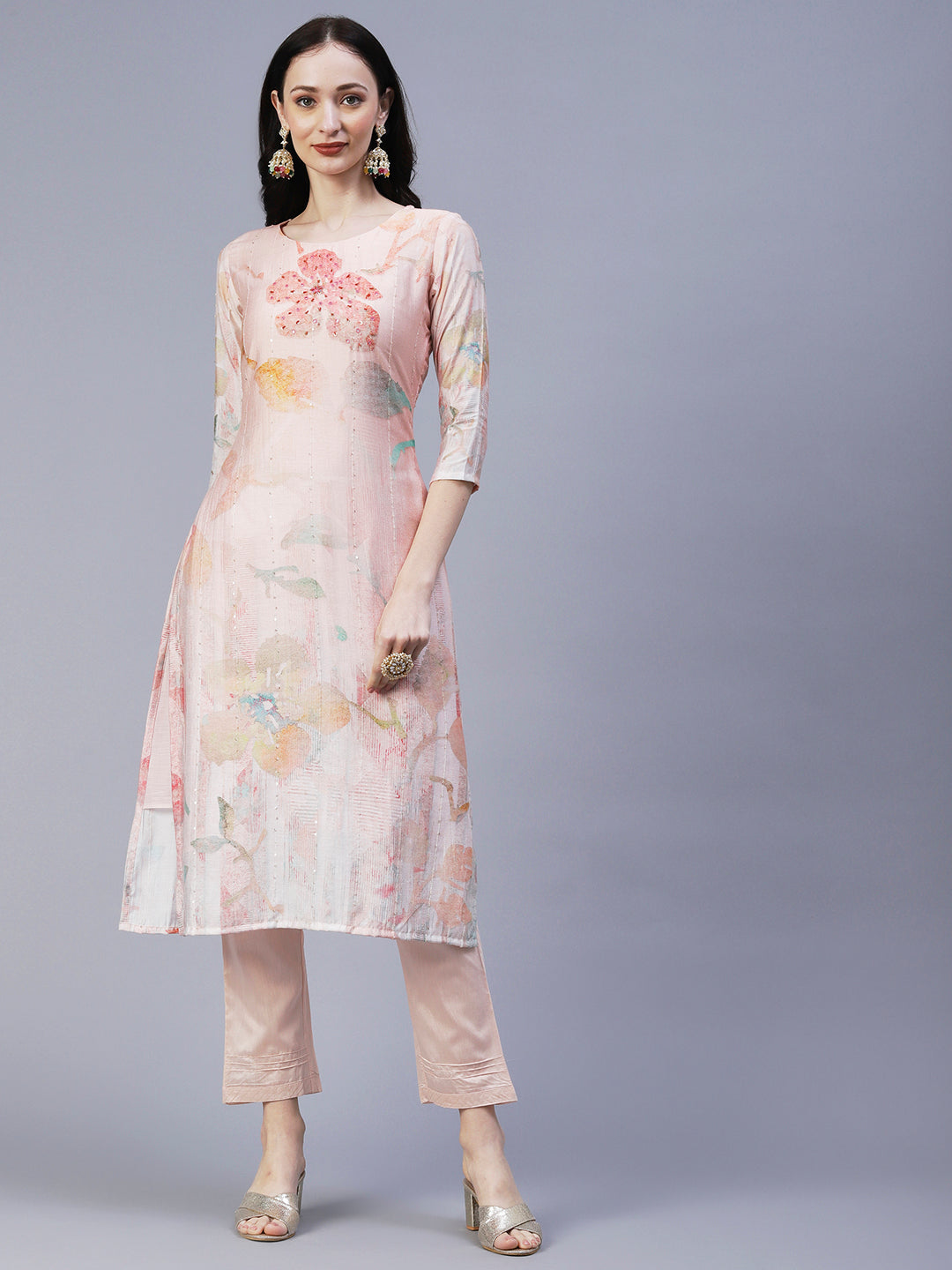 Floral Printed Mirror & Sequins Embroidered Kurta With Pants & Dupatta - Peach