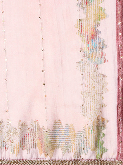 Floral Printed Mirror & Sequins Embroidered Kurta With Pants & Dupatta - Peach