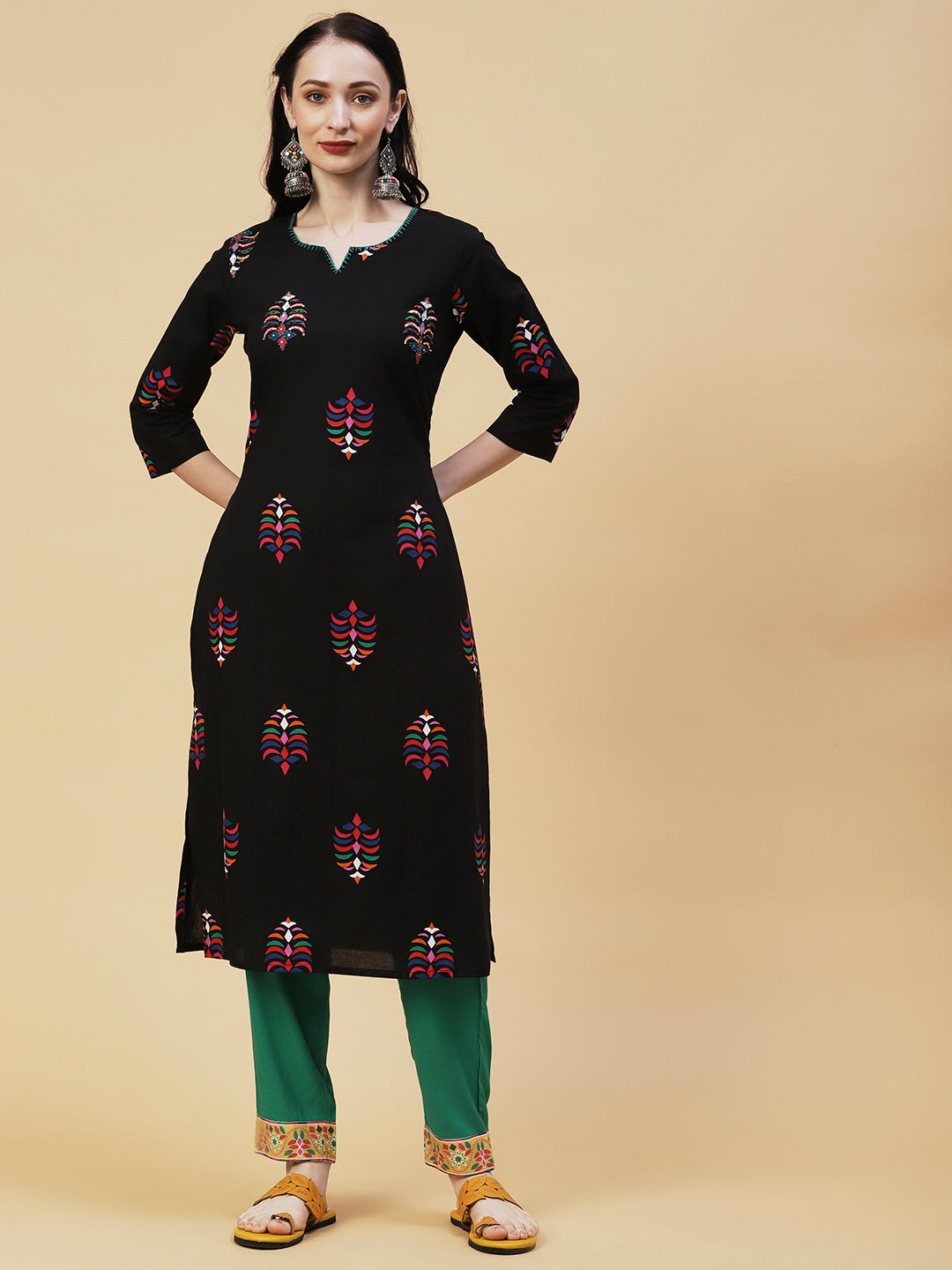 Abstract Printed Sequins & Beads Embroidered Kurta - Black