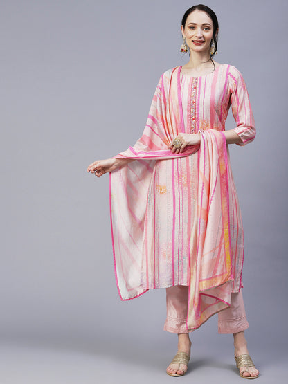 Ethnic & Stripes Printed Straight Fit Kurta with Pant & Dupatta - Pink