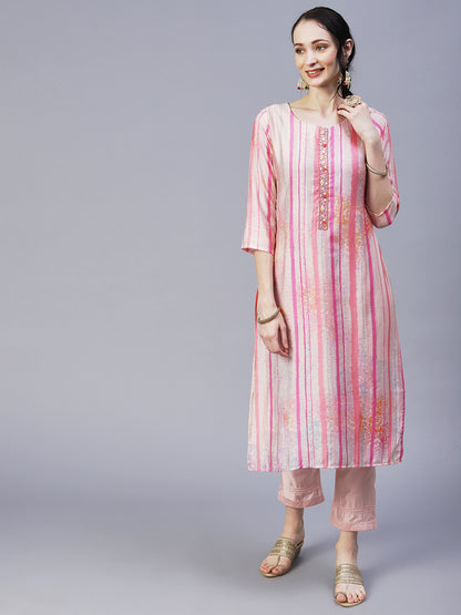 Ethnic & Stripes Printed Straight Fit Kurta with Pant & Dupatta - Pink