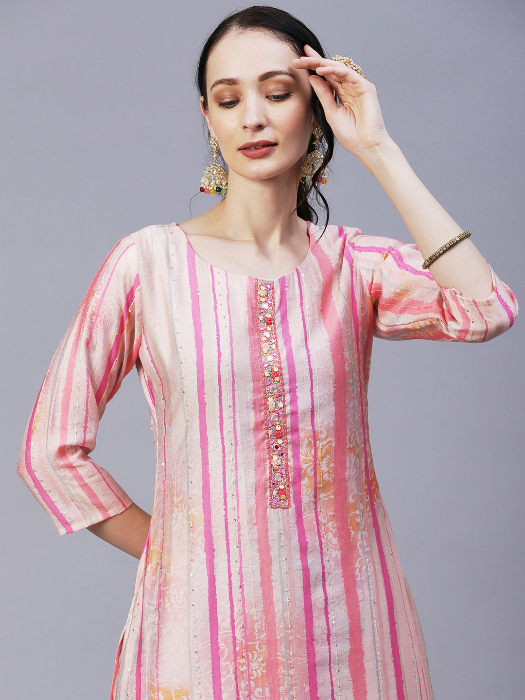 Ethnic & Stripes Printed Straight Fit Kurta with Pant & Dupatta - Pink