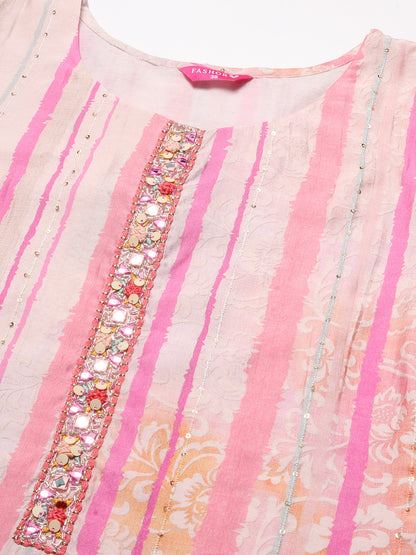 Ethnic & Stripes Printed Straight Fit Kurta with Pant & Dupatta - Pink