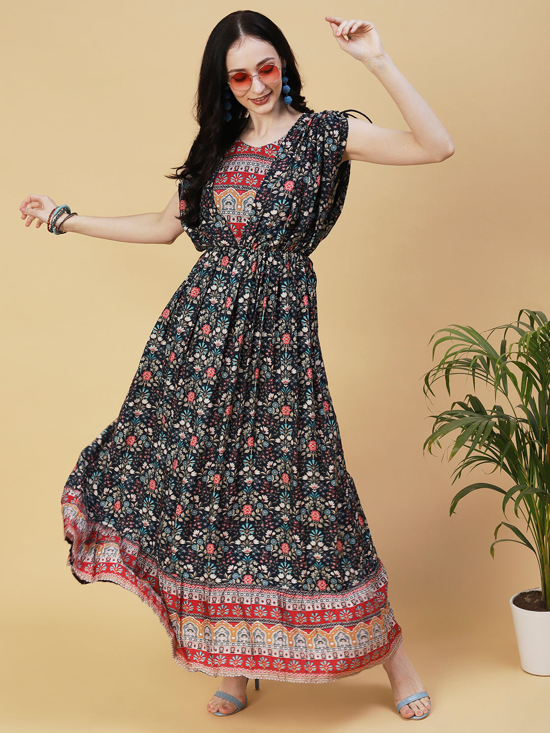 Floral Printed Woven Sequins Striped Kimono Sleeved Maxi Dress - Navy Blue