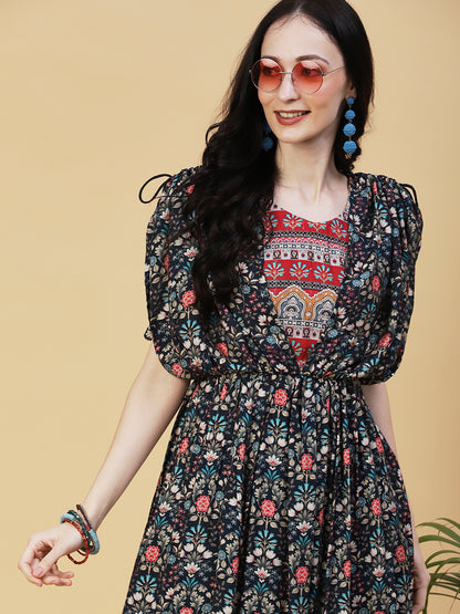 Floral Printed Woven Sequins Striped Kimono Sleeved Maxi Dress - Navy Blue