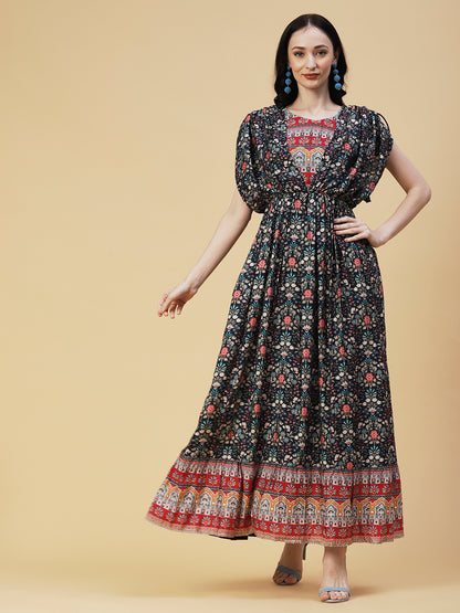 Floral Printed Woven Sequins Striped Kimono Sleeved Maxi Dress - Navy Blue