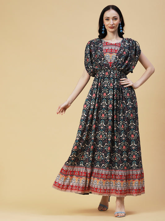 Floral Printed Woven Sequins Striped Kimono Sleeved Maxi Dress - Navy Blue