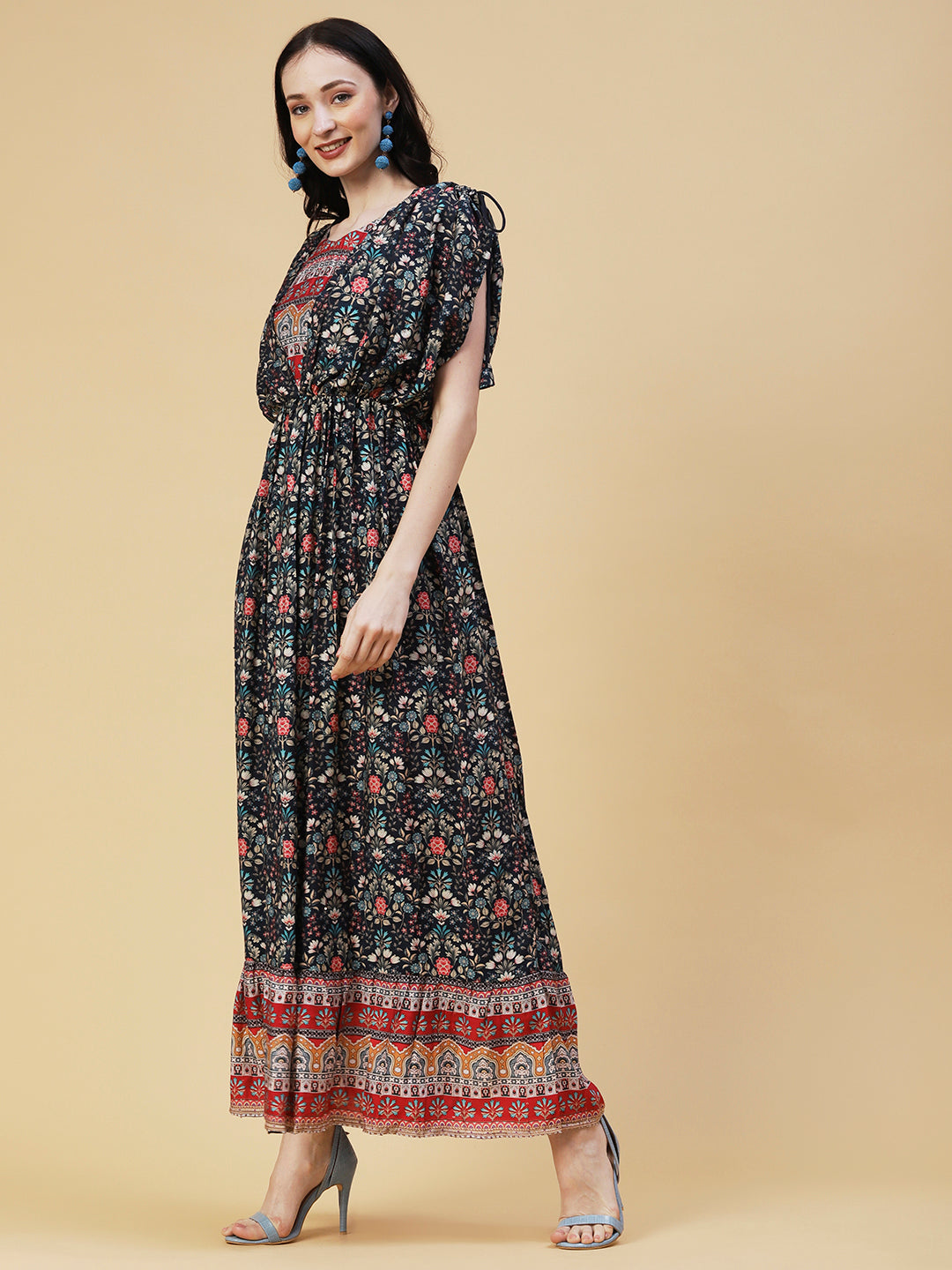 Floral Printed Woven Sequins Striped Kimono Sleeved Maxi Dress - Navy Blue