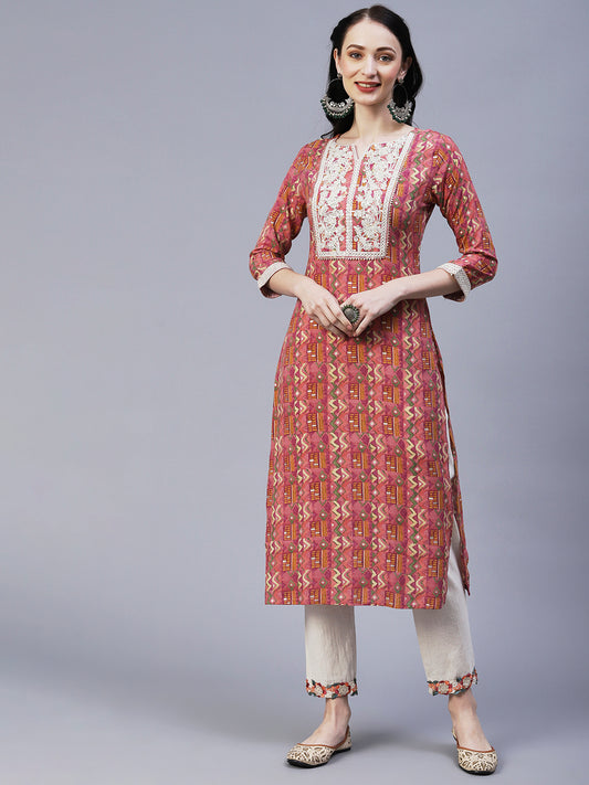 Abstract & Geometric Printed Resham Dori & Sequins Embroidered Kurta - Pink