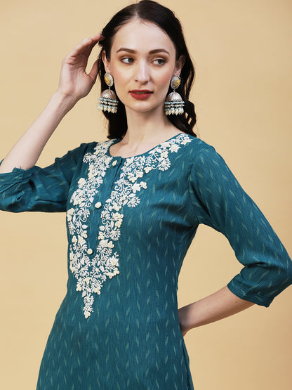 Woven Textured Striped Resham & Sequins Embroidered Kurta With Pants - Blue