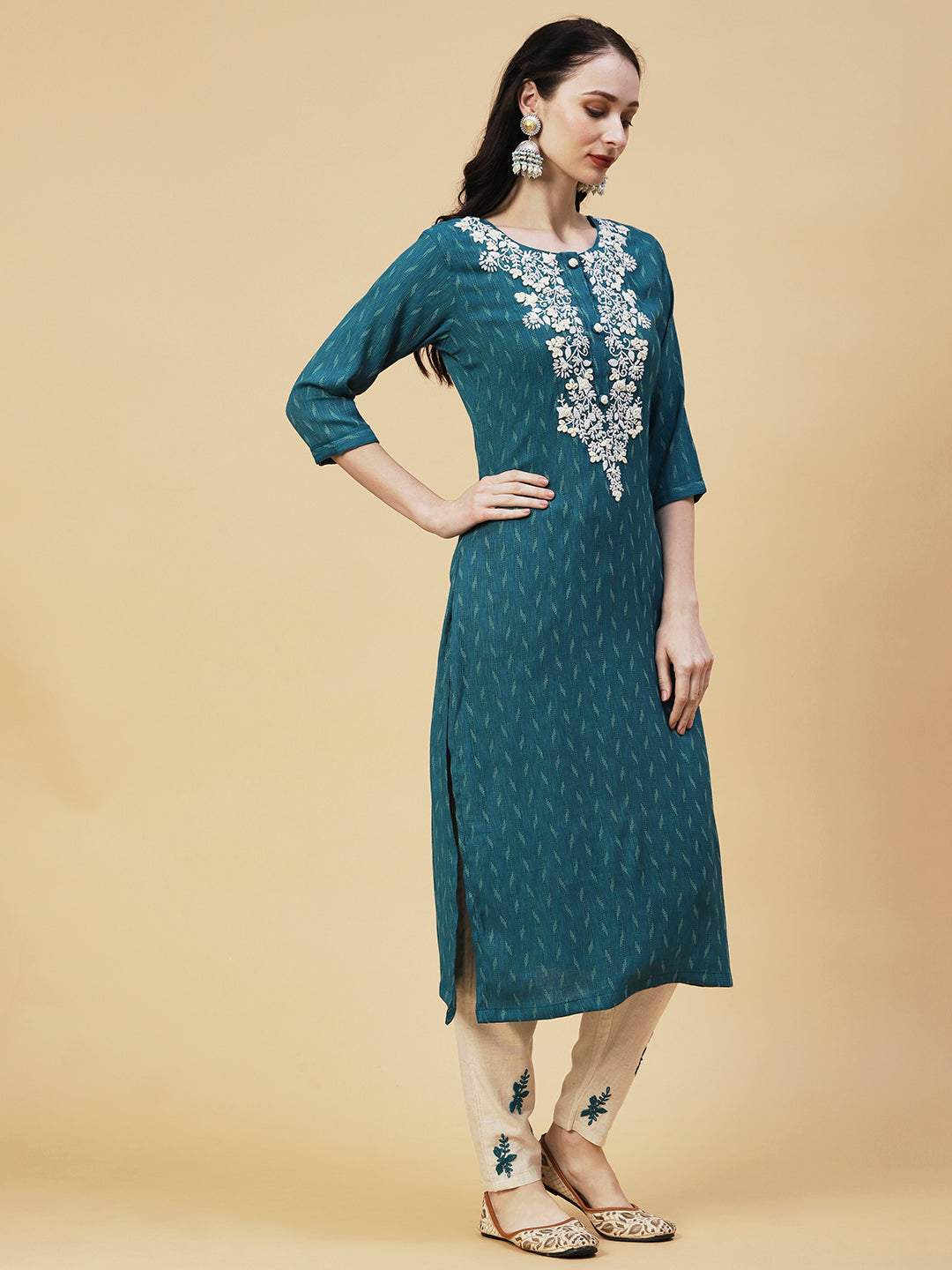 Woven Textured Striped Resham & Sequins Embroidered Kurta With Pants - Blue