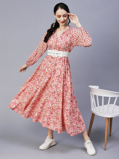 Ethnic Printed A-Line Fit & Flare Midi Dress - Peach