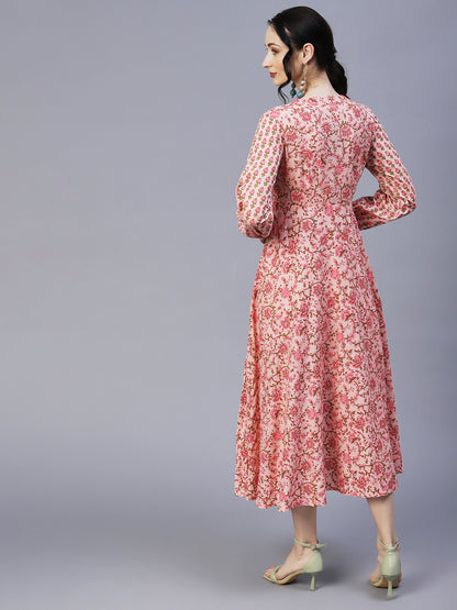 Ethnic Printed A-Line Fit & Flare Midi Dress - Peach