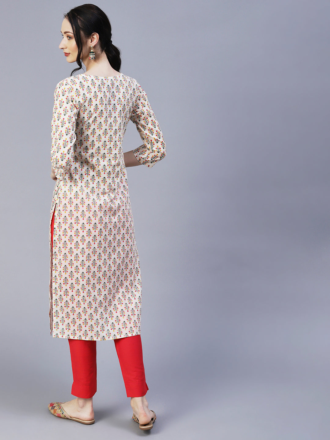 Ethnic Printed & Embroidered Straight Fit Kurta - Off White