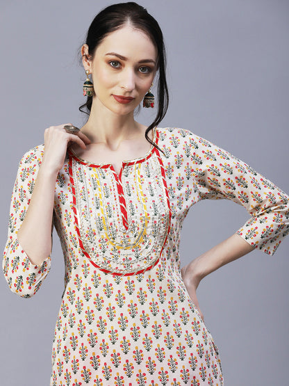 Ethnic Printed & Embroidered Straight Fit Kurta - Off White