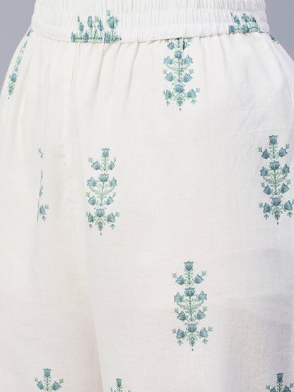 Ethnic Floral Foil Printed & Embroidered A-Line Kurta with Palazzo - Off White