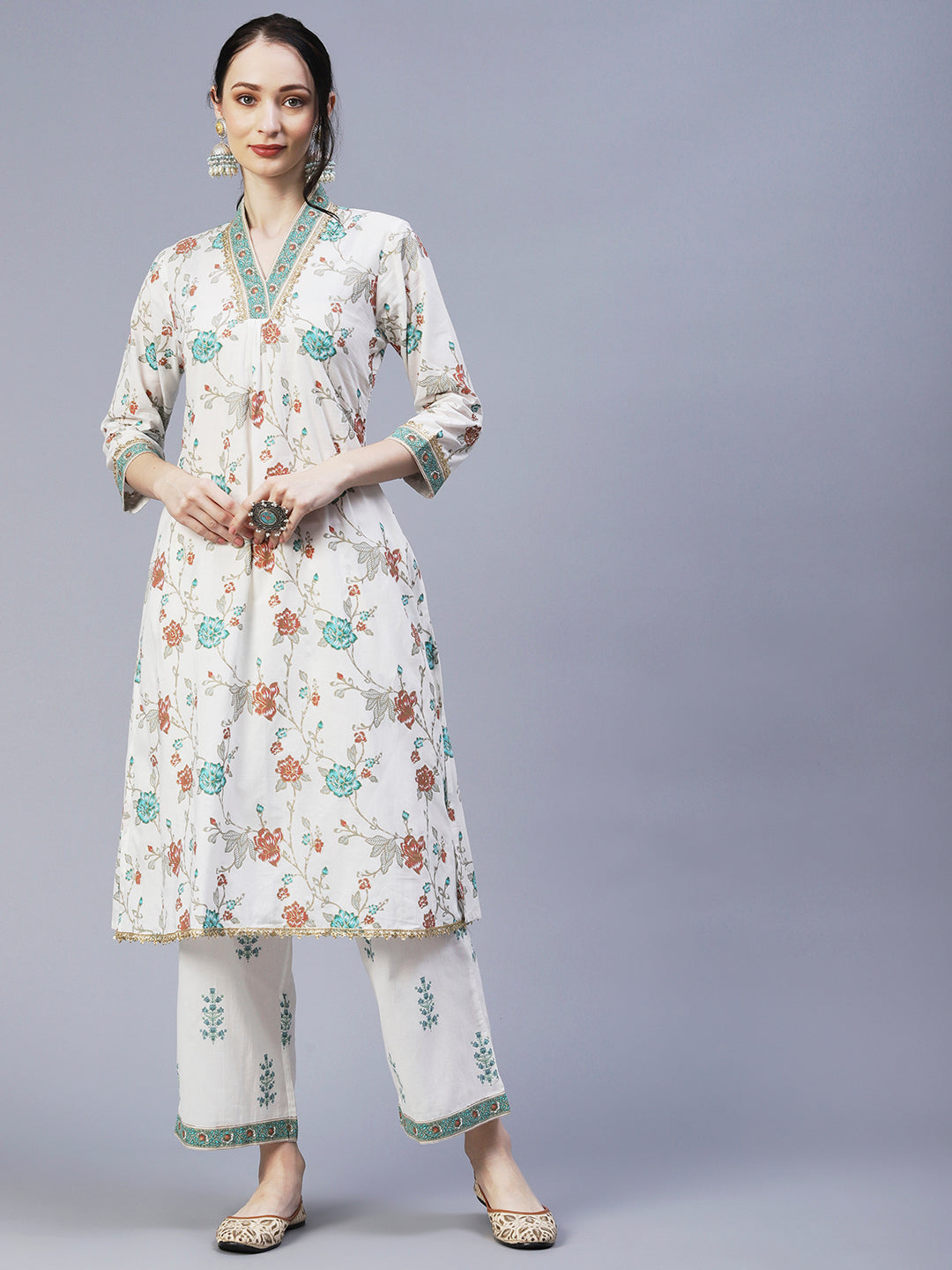 Ethnic Floral Foil Printed & Embroidered A-Line Kurta with Palazzo - Off White