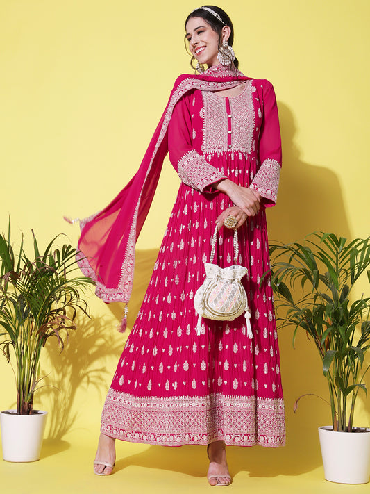 Solid Resham & Sequins Embroidered Gown with Embroidered Dupatta - Fuchsia Pink