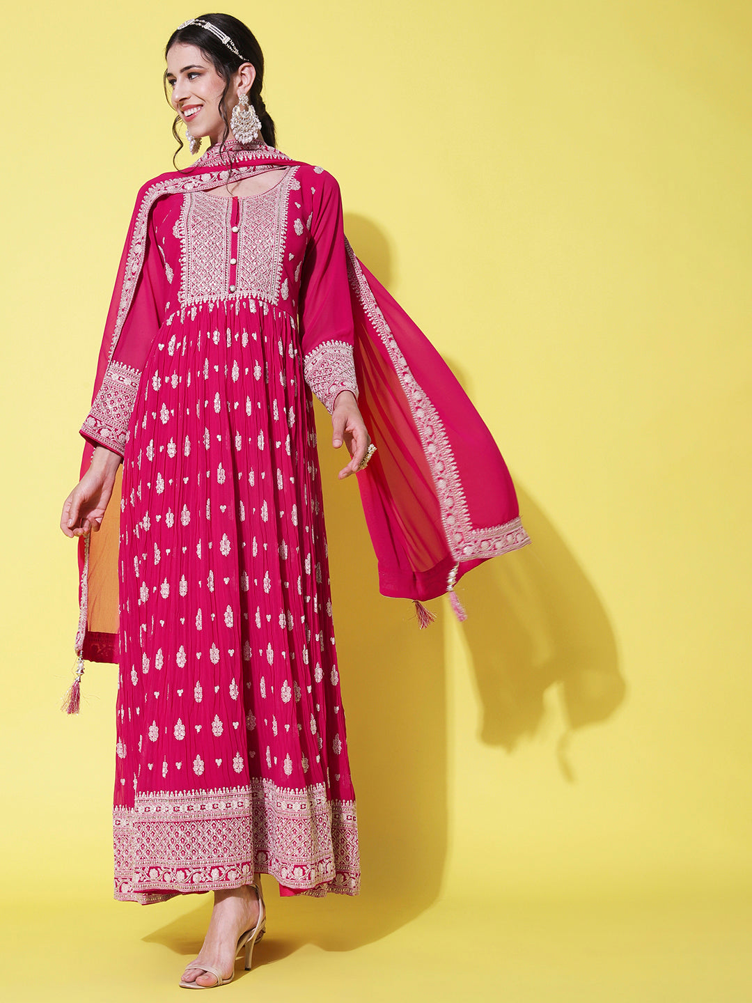 Solid Resham & Sequins Embroidered Gown with Embroidered Dupatta - Fuchsia Pink