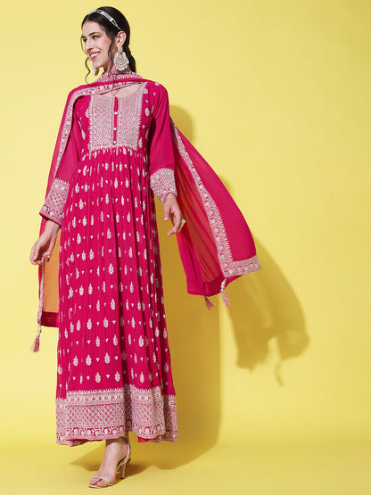 Solid Resham & Sequins Embroidered Gown with Embroidered Dupatta - Fuchsia Pink