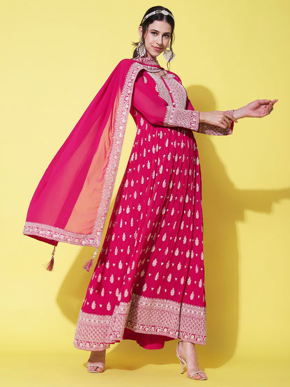 Solid Resham & Sequins Embroidered Gown with Embroidered Dupatta - Fuchsia Pink