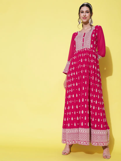 Solid Resham & Sequins Embroidered Gown with Embroidered Dupatta - Fuchsia Pink
