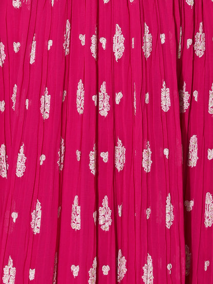Solid Resham & Sequins Embroidered Gown with Embroidered Dupatta - Fuchsia Pink