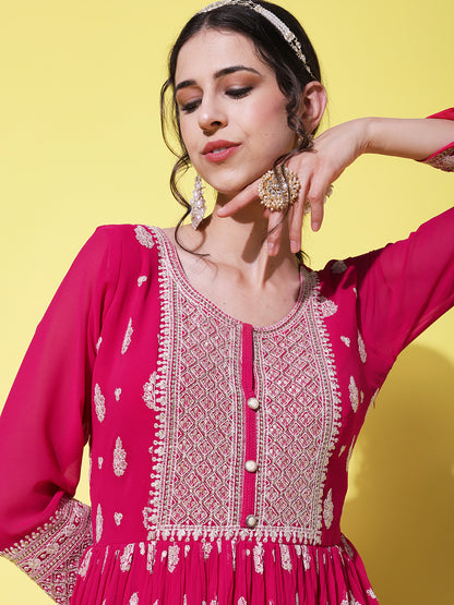 Solid Resham & Sequins Embroidered Gown with Embroidered Dupatta - Fuchsia Pink