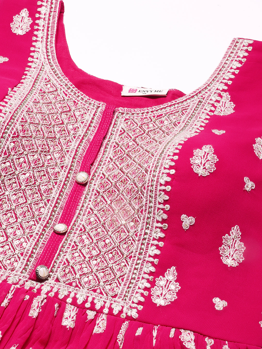 Solid Resham & Sequins Embroidered Gown with Embroidered Dupatta - Fuchsia Pink